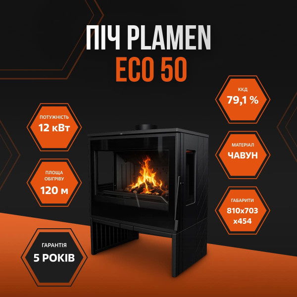 Печь Plamen Eco 50, 12 кВт, трехсторонняя