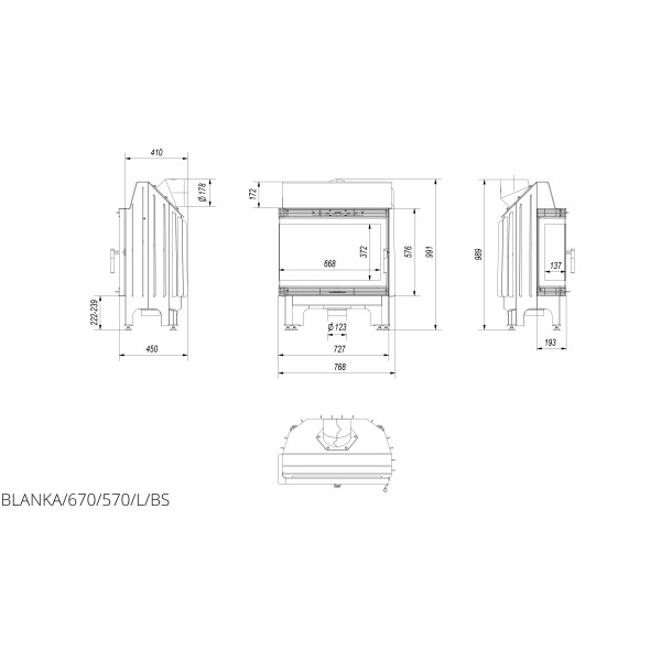 Камінна топка Kratki BLANKA/670/570/L/BS 11 кВт