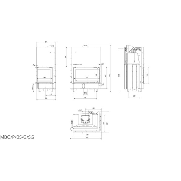 Каминная топка Kratki MBO 15 правая BS гильотина гнутое стекло (15,0 кВт)