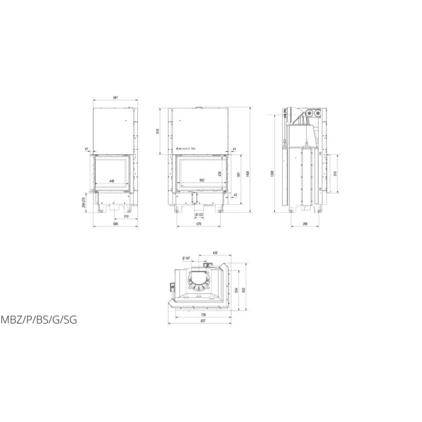 Камінна топка Kratki MBZ 13 права BS гільйотина гнуте скло (13,0 кВт)