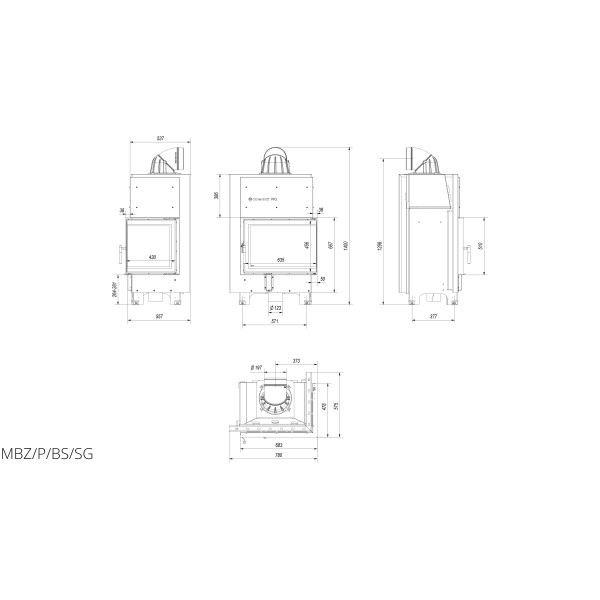 Камінна топка Kratki MBZ 13 права BS  гнуте скло