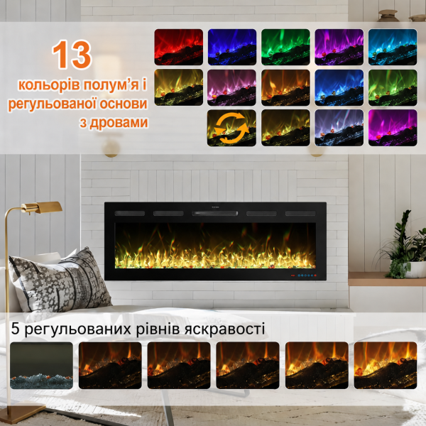 Електрокамін з обігрівом Royal Galaxy 60 R PRO LOG з Wi-Fi керування, цільними дровами, кристалами, кольорами полумʼя та підсвітки наповнення, розмір 1524x450x80 (EF60RPROLOG)