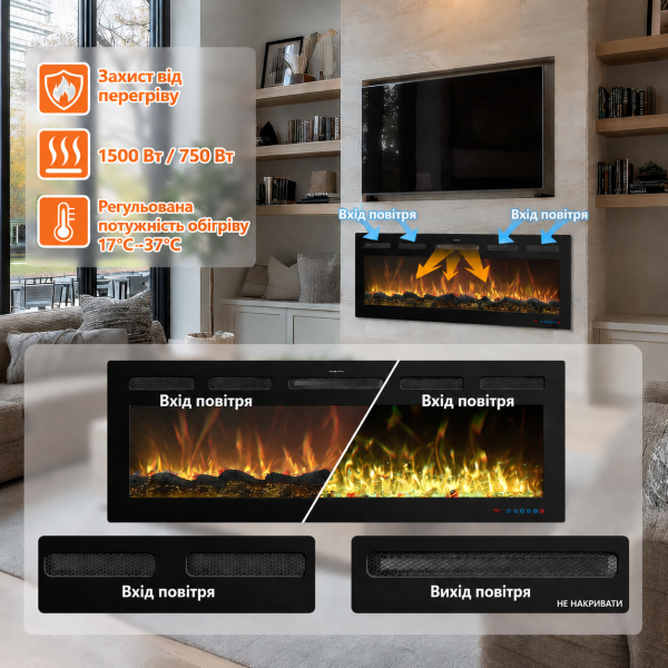 Електрокамін з обігрівом Royal Galaxy 60 R PRO LOG з Wi-Fi керування, цільними дровами, кристалами, кольорами полумʼя та підсвітки наповнення, розмір 1524x450x80 (EF60RPROLOG)