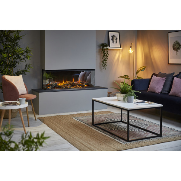 Электрокамин трехсторонний British Fires NEW FOREST 1200 с обогревом, дровами, углем, корой, кристаллами, цветными подсветками наполнения, размер 1200x565x311