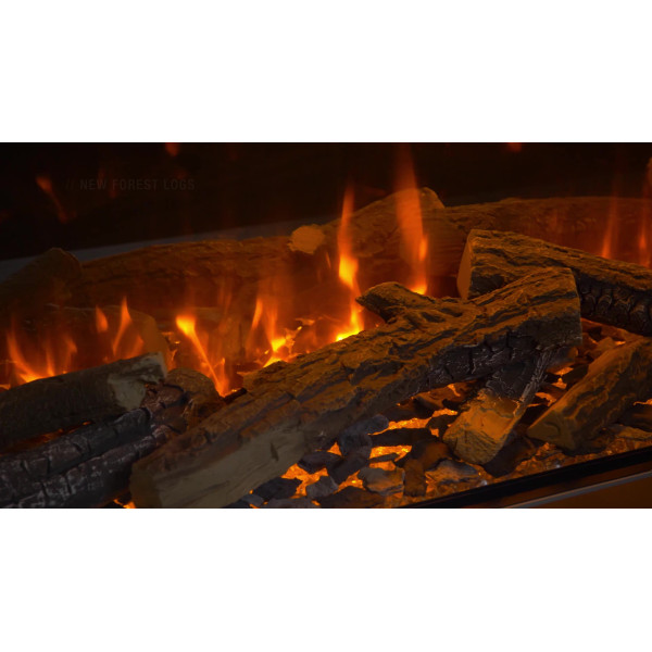 Электрокамин трехсторонний British Fires NEW FOREST 1200 с обогревом, дровами, углем, корой, кристаллами, цветными подсветками наполнения, размер 1200x565x311