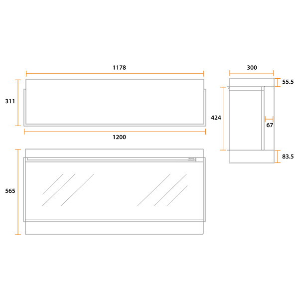 Электрокамин трехсторонний British Fires NEW FOREST 1200 с обогревом, дровами, углем, корой, кристаллами, цветными подсветками наполнения, размер 1200x565x311