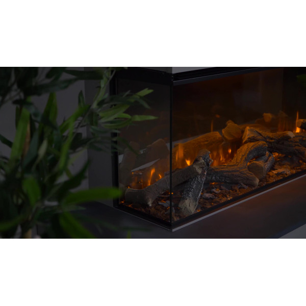 Электрокамин трехсторонний British Fires NEW FOREST 1200 с обогревом, дровами, углем, корой, кристаллами, цветными подсветками наполнения, размер 1200x565x311