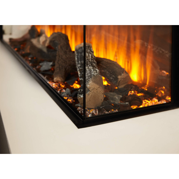 Электрокамин трехсторонний British Fires NEW FOREST 1600 с обогревом, дровами, углем, корой, кристаллами, цветными подсветками наполнения, размер 1600x565x311