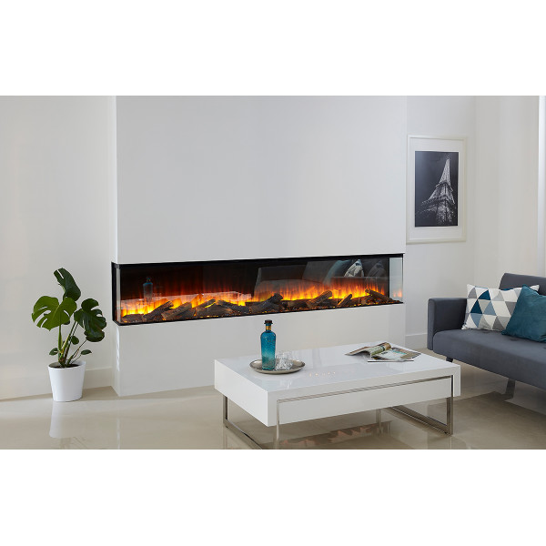 Электрокамин трехсторонний British Fires NEW FOREST 2400 с обогревом, дровами, углем, корой, кристаллами, цветными подсветками наполнения, размер 2375x565x311