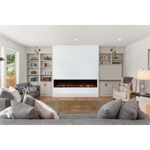 Электрокамин трехсторонний British Fires NEW FOREST 2400 с обогревом, дровами, углем, корой, кристаллами, цветными подсветками наполнения, размер 2375x565x311