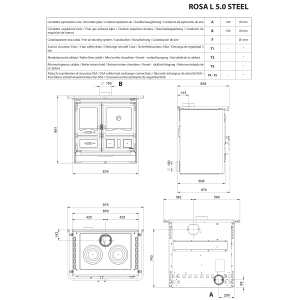 Дровяная печь La Nordica ROSA L 5.0 STEEL Anthracite Black (8,1 кВт) 