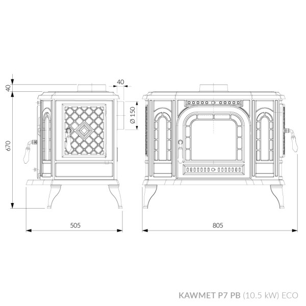 Піч камін чавунна KAWMET P7 (10.5 kW) PB ECO дверцята з правого боку