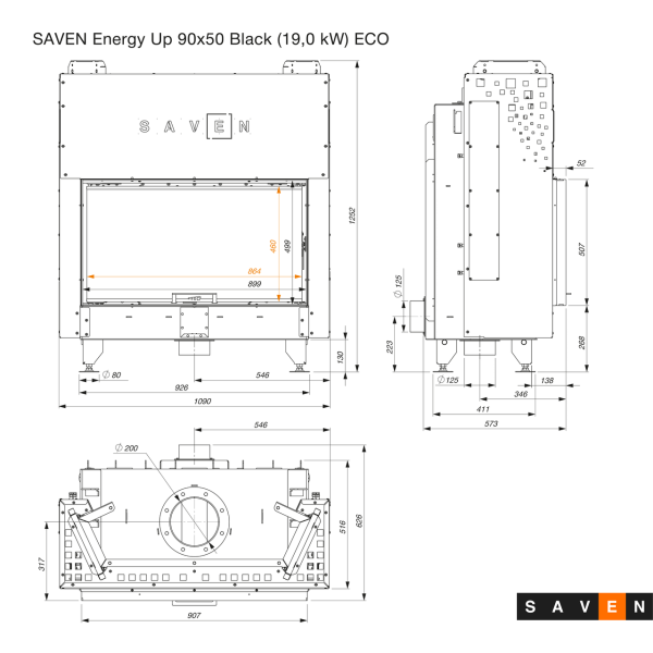Камінна топка SAVEN Energy Up 90х50 Black (19,0 kW) ECO