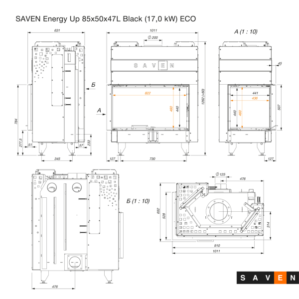 Камінна топка кутова SAVEN Energy Up 85х50х47L Black (17,0 kW) ECO