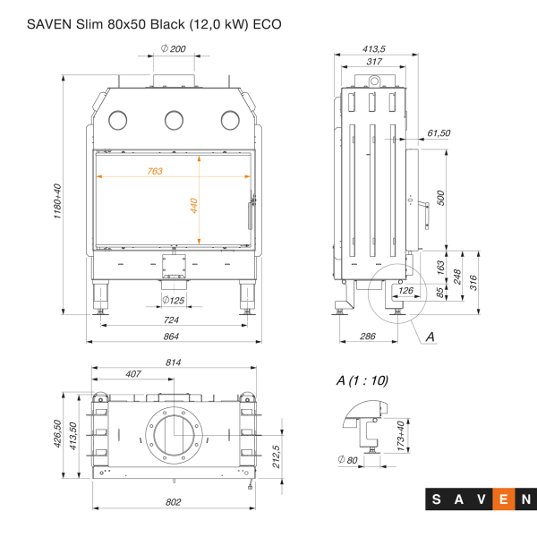 Камінна топка SAVEN Balance 80х50 Black (12,0 kW) ECO