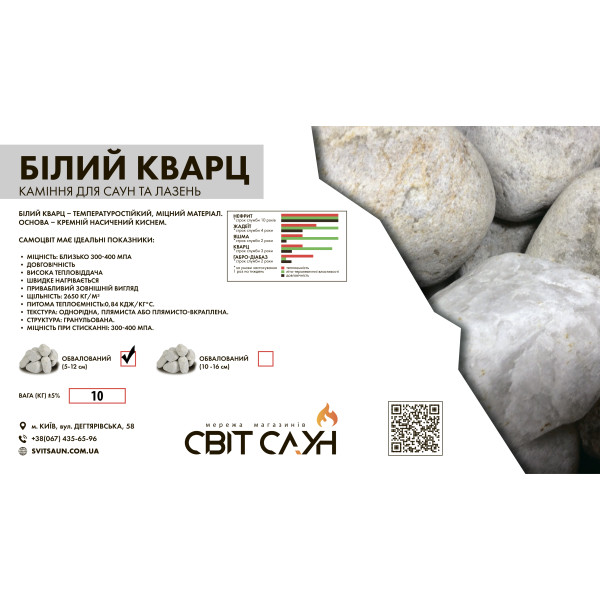 Камни для сауны Белый Кварц обвалованные 5-12 см / 10 кг