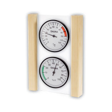Комплект термометр та гігрометр для сауни EOS у прозорому тримачі зі скла з дерев'яною рамкою